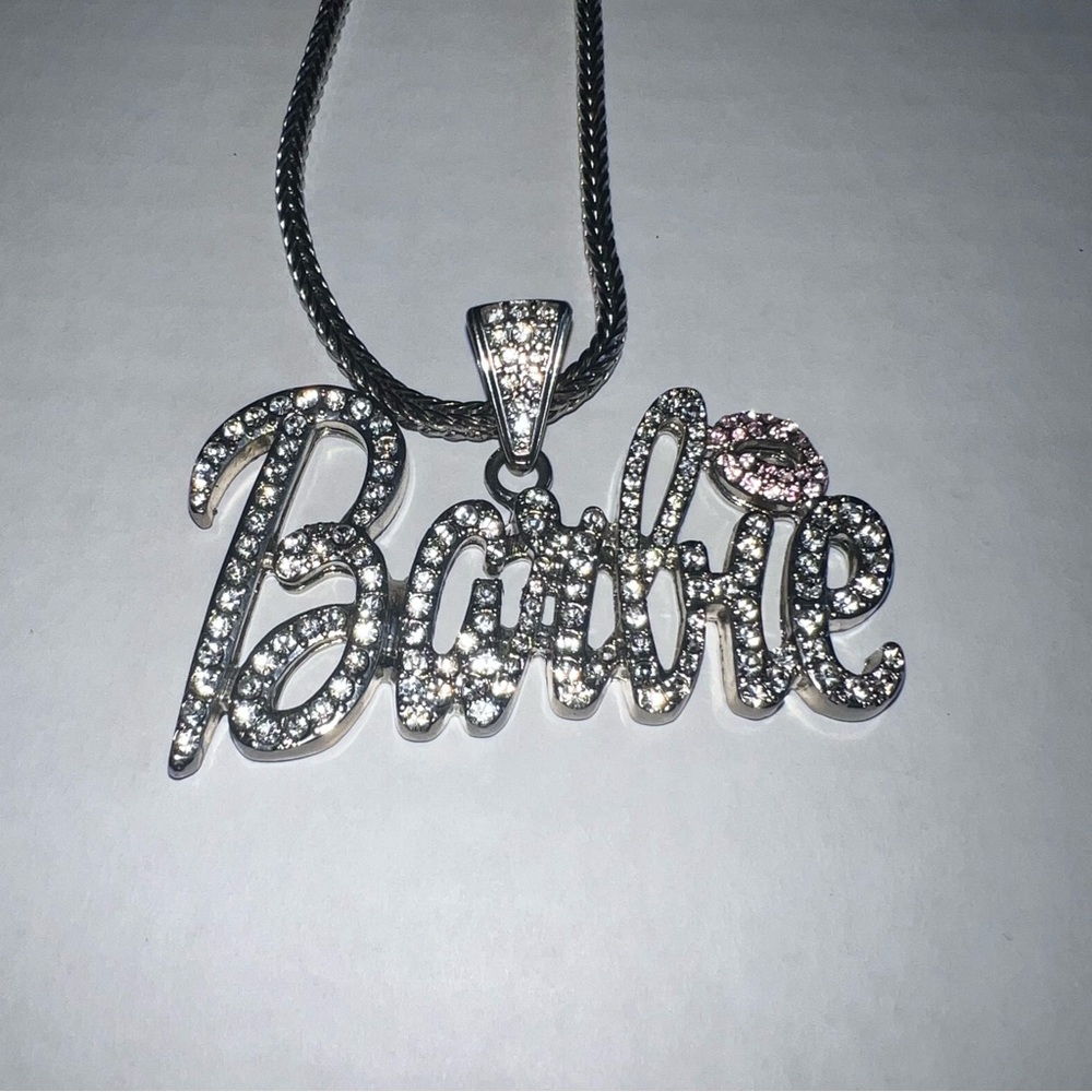 Barbie Pendant and Chain Silver White and Pink Stones
